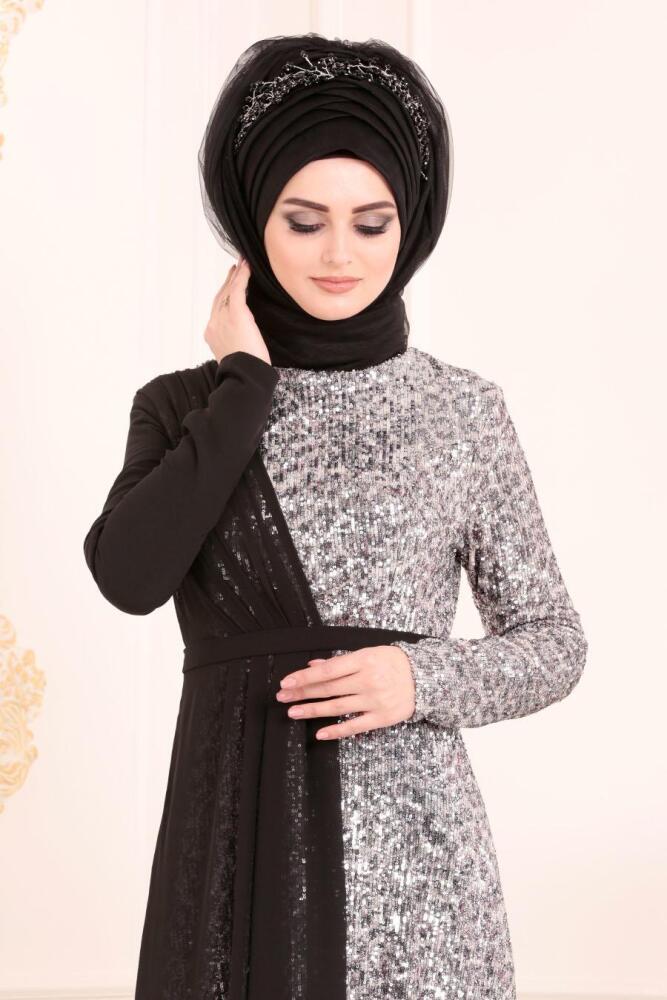 Gris-Tesettürlü Abiye Elbise - Robe de Soirée Hijab 85590GR - 2