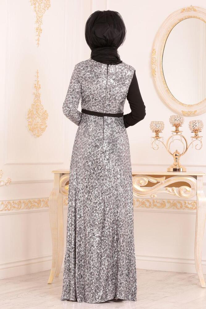 Gris-Tesettürlü Abiye Elbise - Robe de Soirée Hijab 85590GR - 3