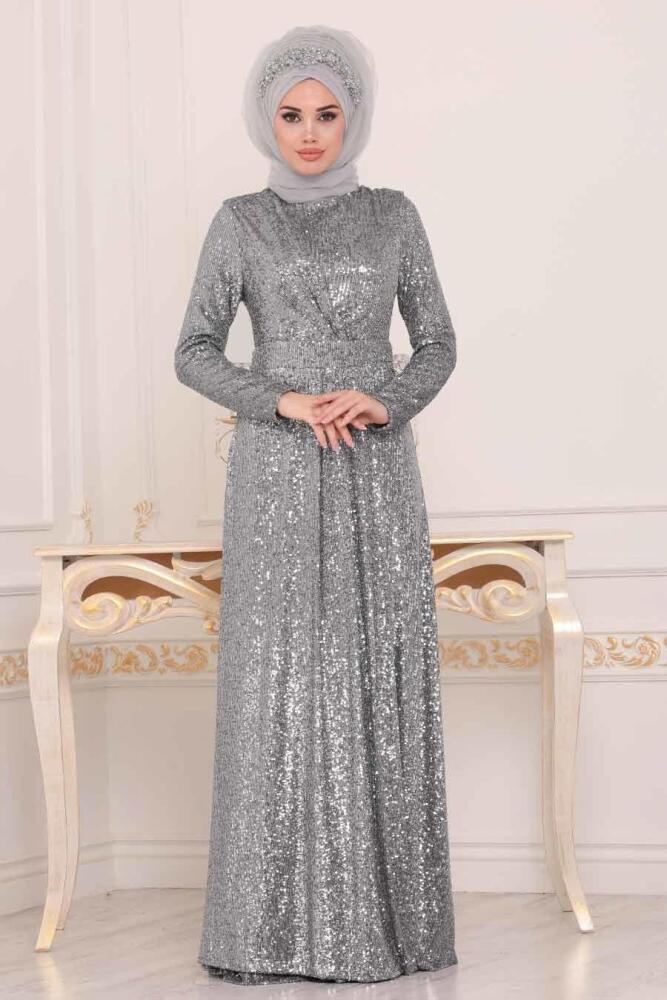 Gris - Tesettürlü Abiye Elbise - Robe de Soirée Hijab - 8582GR - 1