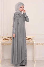 Gris - Tesettürlü Abiye Elbise - Robe de Soirée Hijab - 86150GR - Thumbnail