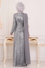 Gris - Tesettürlü Abiye Elbise - Robe de Soirée Hijab - 86150GR - Thumbnail