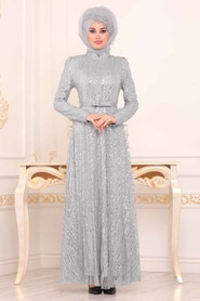 Gris - Tesettürlü Abiye Elbise - Robe de Soirée Hijab - 8665GR - Thumbnail