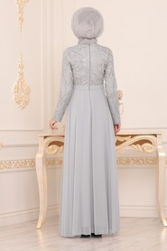 Gris - Tesettürlü Abiye Elbise - Robe de Soirée Hijab - 8677GR - Thumbnail