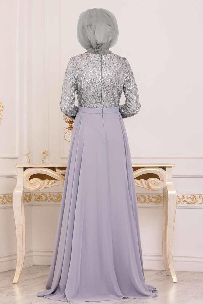 Gris - Tesettürlü Abiye Elbise - Robe de Soirée Hijab - 8708GR - 2