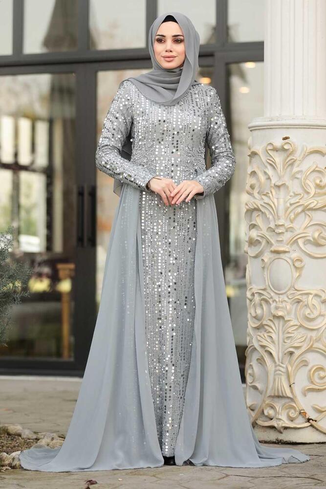 Gris - Tesettürlü Abiye Elbise - Robe de Soirée Hijab - 8715GR - 1
