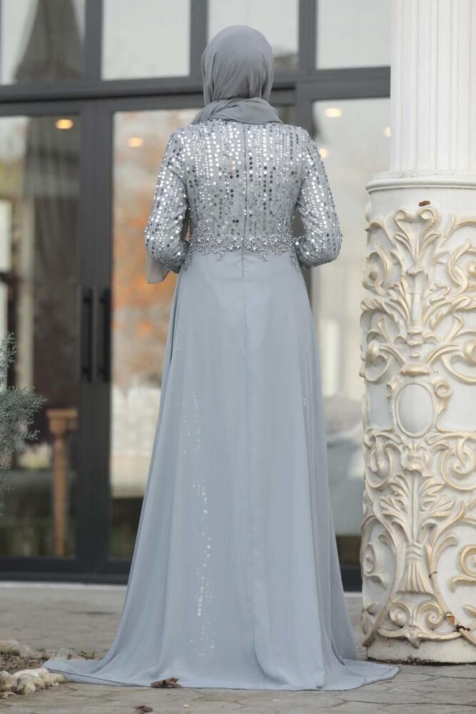 Gris - Tesettürlü Abiye Elbise - Robe de Soirée Hijab - 8715GR - 2