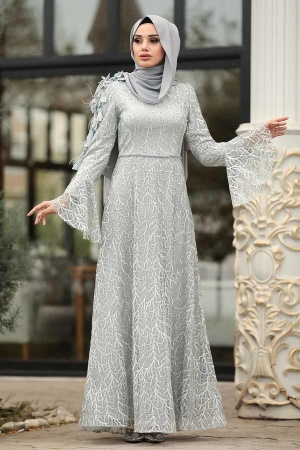 Gris - Tesettürlü Abiye Elbise - Robe de Soirée Hijab - - 1