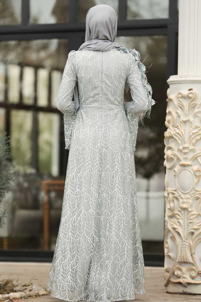 Gris - Tesettürlü Abiye Elbise - Robe de Soirée Hijab - - 2