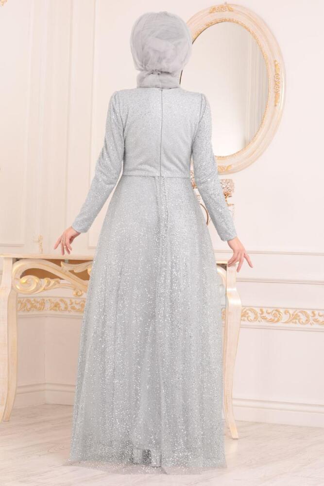 Gris - Tesettürlü Abiye Elbise - Robes de Soiré 36501GR - 3