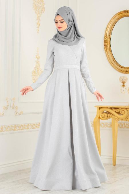 Gris - Tesettürlü Abiye Elbise - Robes de Soiré 4580GR - 2