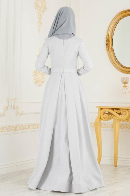 Gris - Tesettürlü Abiye Elbise - Robes de Soiré 4580GR - 3
