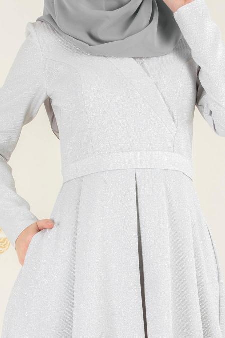 Gris - Tesettürlü Abiye Elbise - Robes de Soiré 4580GR - 4