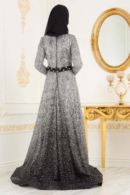Gris - Tesettürlü Abiye Elbise - Robes de Soiré 4581GR - 3