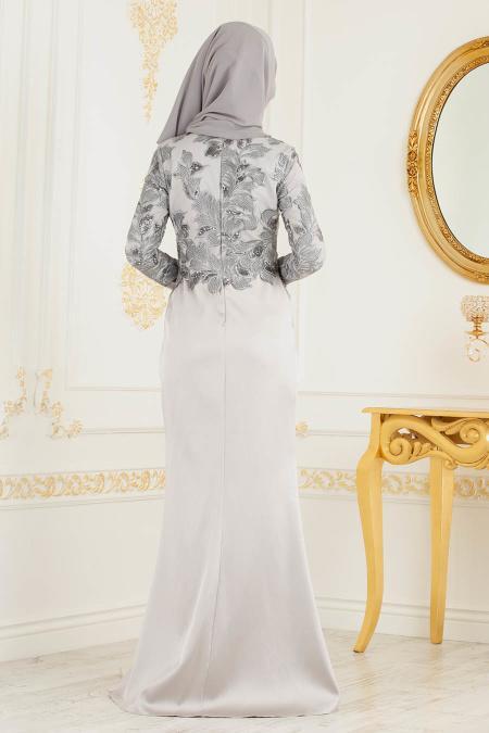 Gris - Tesettürlü Abiye Elbise - Robes de Soiré 4602GR - 2