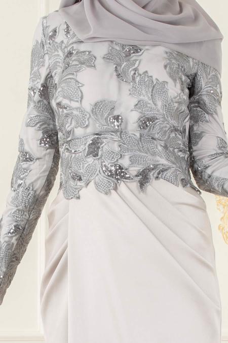 Gris - Tesettürlü Abiye Elbise - Robes de Soiré 4602GR - 3