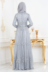 Gris - Tesettürlü Abiye Elbise - Robes de Soirée 20841GR - Thumbnail