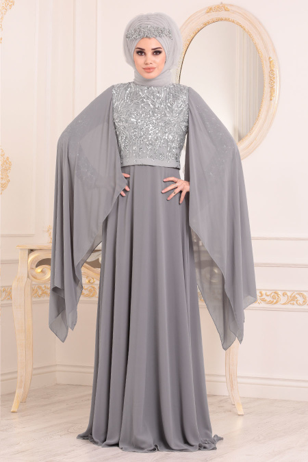 Gris - Tesettürlü Abiye Elbise - Robes de Soirée 3284GR