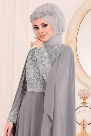 Gris - Tesettürlü Abiye Elbise - Robes de Soirée 3284GR - Thumbnail