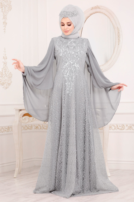 Gris - Tesettürlü Abiye Elbise - Robes de Soirée 3287GR