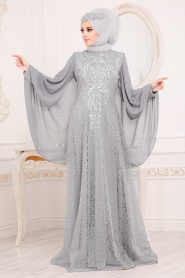 Gris - Tesettürlü Abiye Elbise - Robes de Soirée 3287GR - Thumbnail