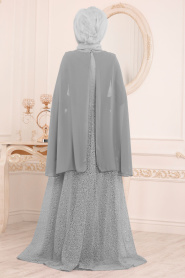 Gris - Tesettürlü Abiye Elbise - Robes de Soirée 3287GR - Thumbnail