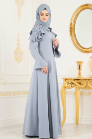 Gris- Tesettürlü Abiye Elbise - Robes de Soirée 3633KGR - Thumbnail