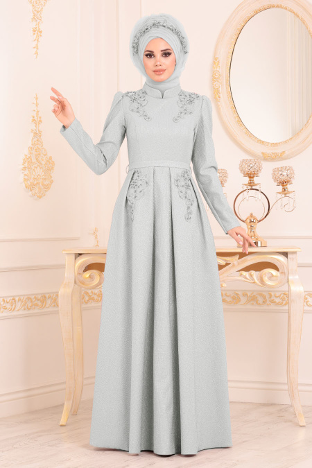 Gris - Tesettürlü Abiye Elbise - Robes de Soirée 36540GR