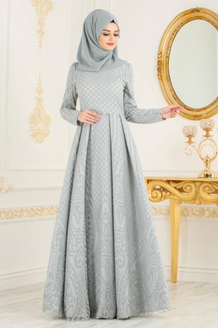 Gris - Tesettürlü Abiye Elbise - Robes de Soirée 3719GR