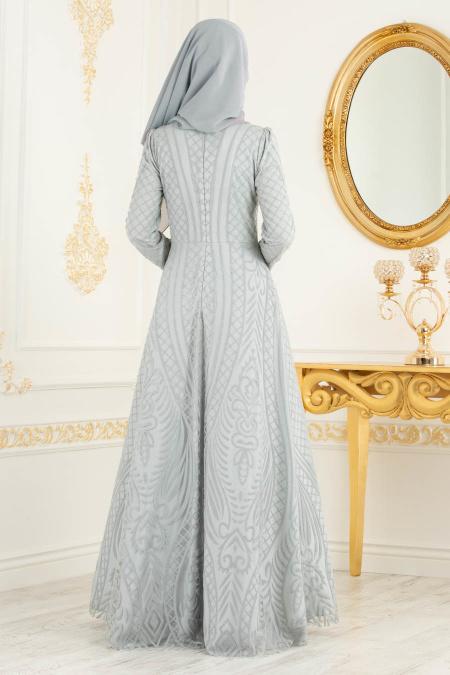 Gris - Tesettürlü Abiye Elbise - Robes de Soirée 3719GR - 2
