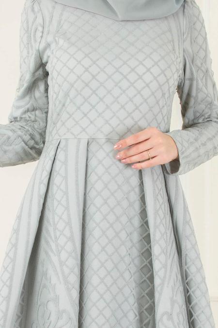 Gris - Tesettürlü Abiye Elbise - Robes de Soirée 3719GR - 3