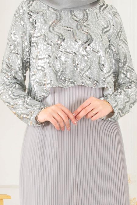 Gris - Tesettürlü Abiye Elbise - Robes de Soirée 3743GR - 2