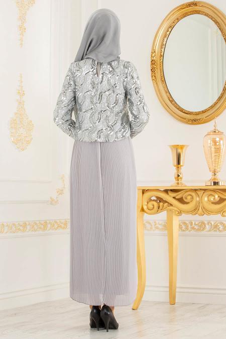 Gris - Tesettürlü Abiye Elbise - Robes de Soirée 3743GR - 3