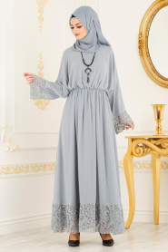Gris - Tesettürlü Abiye Elbise - Robes de Soirée 37581GR - Thumbnail