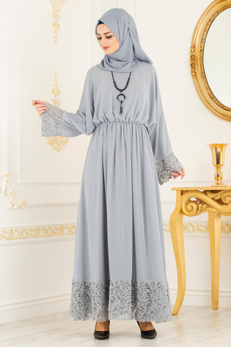 Gris - Tesettürlü Abiye Elbise - Robes de Soirée 37581GR