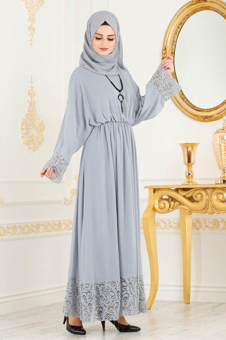 Gris - Tesettürlü Abiye Elbise - Robes de Soirée 37581GR - 2