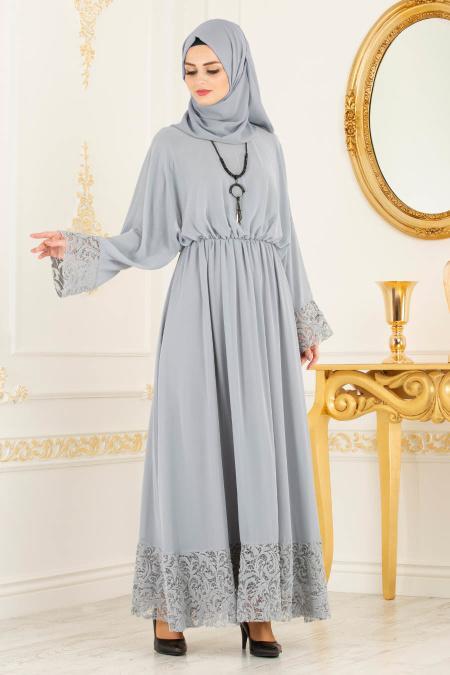 Gris - Tesettürlü Abiye Elbise - Robes de Soirée 37581GR - 3