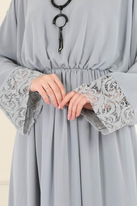 Gris - Tesettürlü Abiye Elbise - Robes de Soirée 37581GR - 5