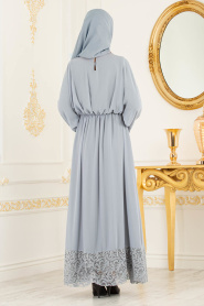 Gris - Tesettürlü Abiye Elbise - Robes de Soirée 37581GR - Thumbnail