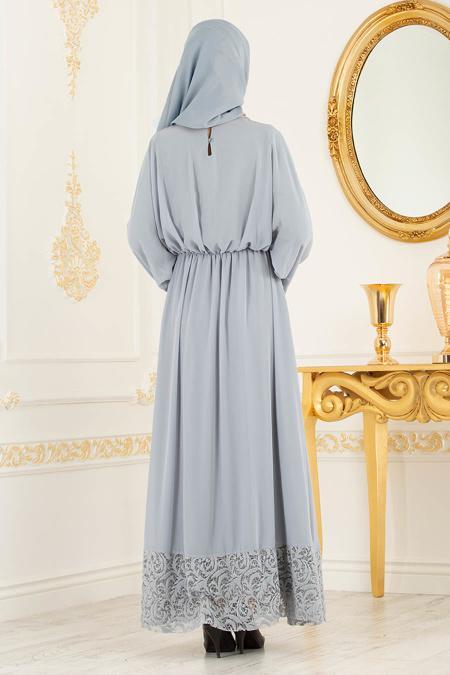 Gris - Tesettürlü Abiye Elbise - Robes de Soirée 37581GR - 6