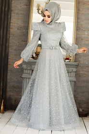 Gris-Tesettürlü Abiye Elbise-Robes de Soirée-41071GR - Thumbnail