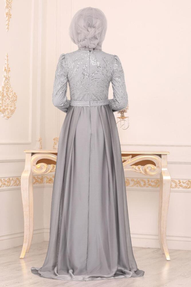 Gris- Tesettürlü Abiye Elbise - Robes de Soirée Hijab 196711GR - 2