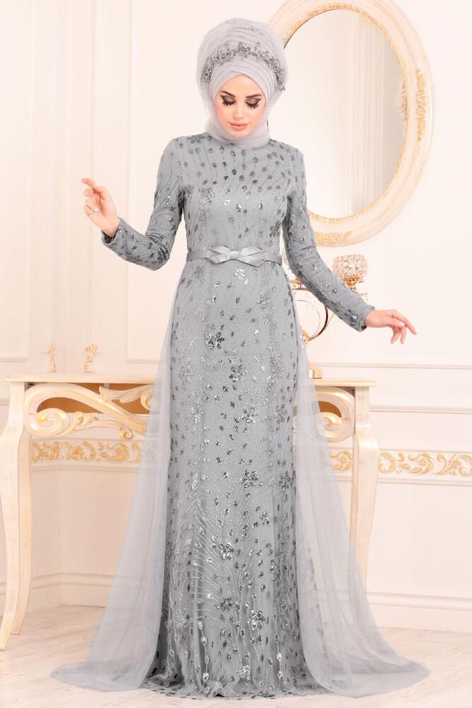 Gris - Tesettürlü Abiye Elbise - Robes de Soirée Hijab 20872GR - 1