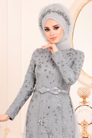 Gris - Tesettürlü Abiye Elbise - Robes de Soirée Hijab 20872GR - Thumbnail