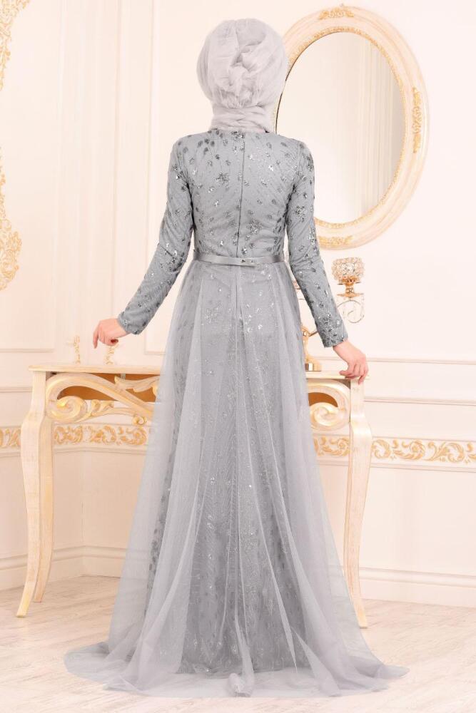 Gris - Tesettürlü Abiye Elbise - Robes de Soirée Hijab 20872GR - 3
