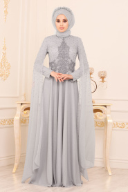 Gris - Tesettürlü Abiye Elbise - Robes de Soirée Hijab 2091GR - Thumbnail