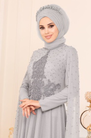 Gris - Tesettürlü Abiye Elbise - Robes de Soirée Hijab 2091GR - Thumbnail