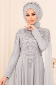 Gris - Tesettürlü Abiye Elbise - Robes de Soirée Hijab 2093GR - Thumbnail