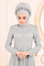 Gris - Tesettürlü Abiye Elbise - Robes de Soirée Hijab 20961GR - Thumbnail