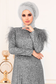Gris- Tesettürlü Abiye Elbise - Robes de Soirée Hijab 21111GR				 - Thumbnail