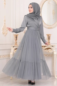 Gris- Tesettürlü Abiye Elbise - Robes de Soirée Hijab - 22171GR - Thumbnail